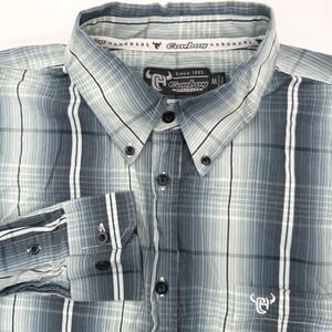 Cowboy Hardware Button Down Men Medium Blue Plaid Barbed Wire Western Shirt